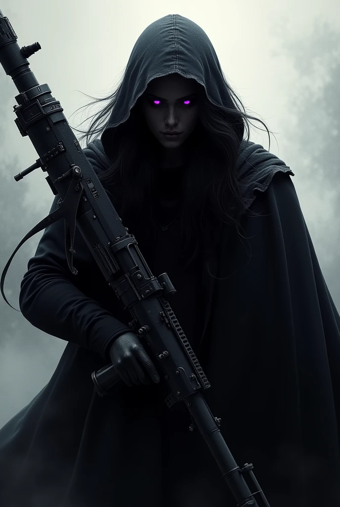 gun black white long hair hood, solo, Gaze, Purple eyes,