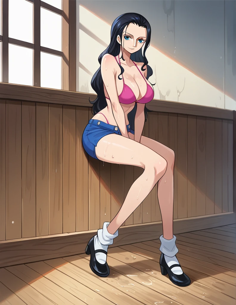 score_9, score_8_up, score_7_up, source_anime, best quality, clear face, 1girl, Nico Robin, black hair, long hair, blue eyes, large breasts, wet, cleavage, smile, looking at viewer, indoor, full-body ,pink bikini , small blue shorts,long legs, black shoe ,wood floors, Decoration on wall ,windows showing ocean, white ankle socks