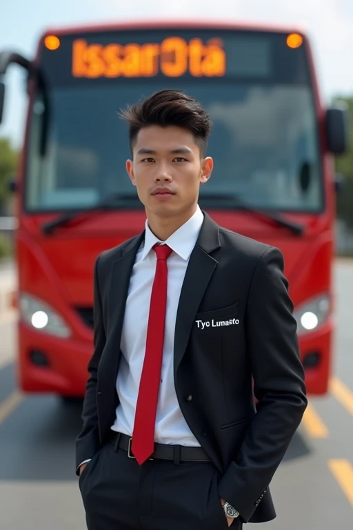 a handsome 2 man from Indonesia, short spiked hair, wearing a white shirt, red tie and covered with a black jacket, with the words "Tyo Lumanto" on the left side of his chest, standing in the parking lot, and there is a big red bus nice and cool behind it facing forward, smile expression, realistic, super HD, detailed.