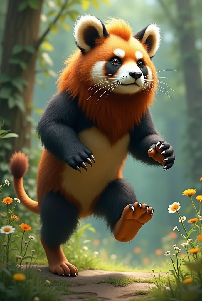 Create an imaginary friend with a panda head, red panda ears, lion's body, bear arms and legs and duck legs