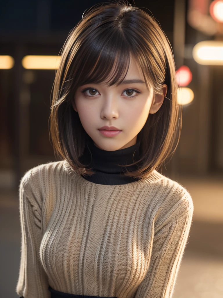 Product quality, 1 girl, Cowboy Shot, Front view, Young and pretty girl in Japan, At night, Wearing a black knitted turtleneck sweater, Wearing a mini skirt, Super cute face, Glossy Lips, Double eyelids on both eyes, (Natural Makeup), shiny smooth light brown hair with long hair,, Asymmetrical bangs, Center image, 8k resolution, Attention to detail, Detailed hairstyle, Detailed face, Cinema Lighting, Octane Rendering, Ultra-realistic, Perfect limbs, Perfect Anatomy,