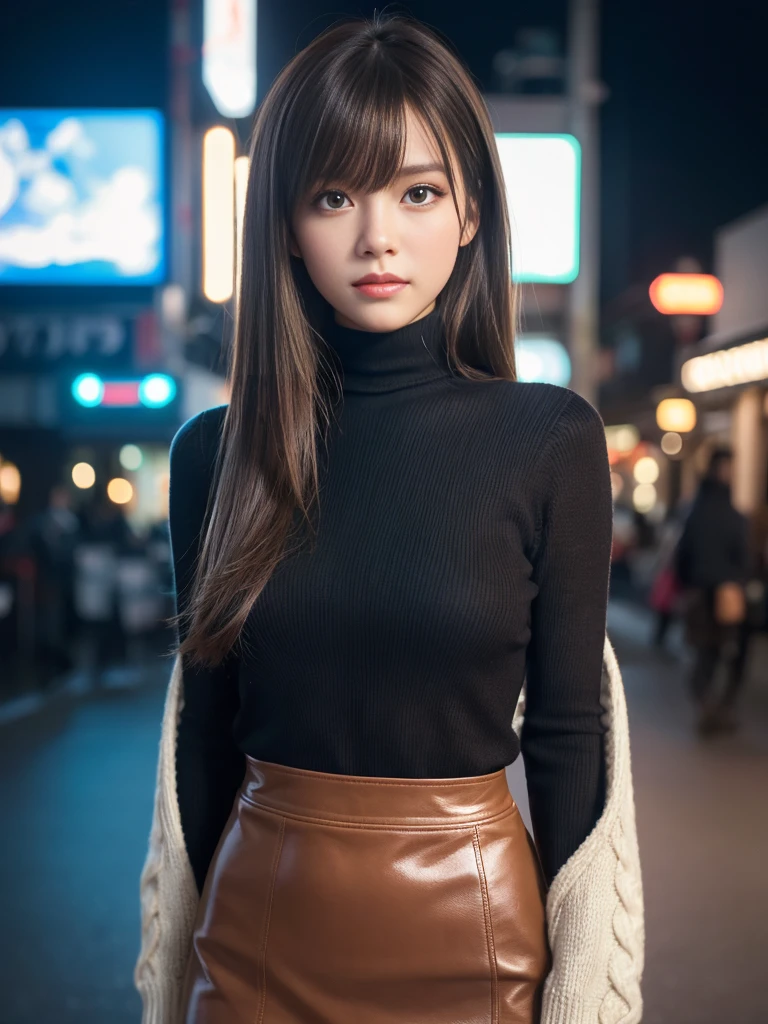 Product quality, 1 girl, Cowboy Shot, Front view, Young and pretty girl in Japan, At night, Wearing a black knitted turtleneck sweater, Wearing a mini skirt, Super cute face, Glossy Lips, Double eyelids on both eyes, (Natural Makeup), shiny smooth light brown hair with long hair,, Asymmetrical bangs, Center image, 8k resolution, Attention to detail, Detailed hairstyle, Detailed face, Cinema Lighting, Octane Rendering, Ultra-realistic, Perfect limbs, Perfect Anatomy, 