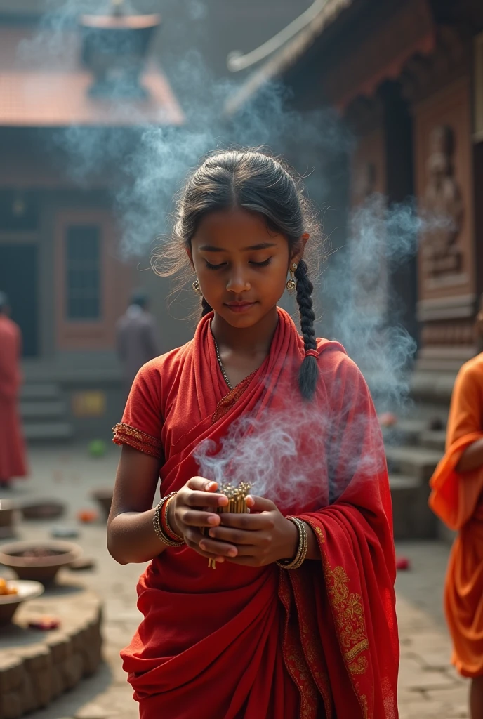 (photorealism:1.2), create a nepali girl wearing red saree offerings in pashupatinath temple along with insences on her hand