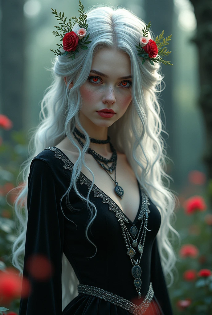 A woman with long, flowing silver hair,  with soft waves, reflecting light in an almost ethereal way. Silver has a subtle shine, the eyes are blood red the skin is very fair, almost translucent, typical of vampires, with a touch of luminosity that suggests magic.
She wears a long black velvet dress, adorned with silver details and wearing necklaces with amulets and flowers intertwined in her hair and has a constellation on her left arm In the background a blurred shadowy figure that represents the antagonist, with a threatening aura in a setting that mixes elements of nature and magic.
 An enchanted forest with tall trees and bright flowers, but also with sinister shadows that suggest danger with symbols and runes that represent both blood (like drops or marks) as the charms (como estrelas)
