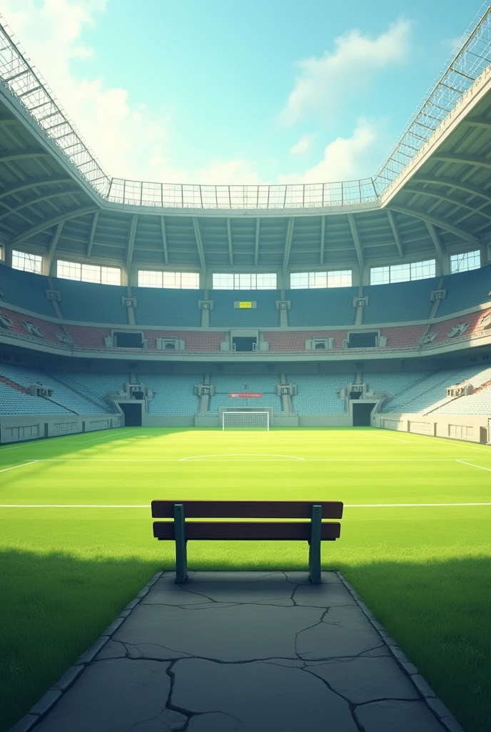 Creez moi une photo en portrait (fond d’ecran) avec un banc de face (pas de dos) au mileu d’un stade de foot