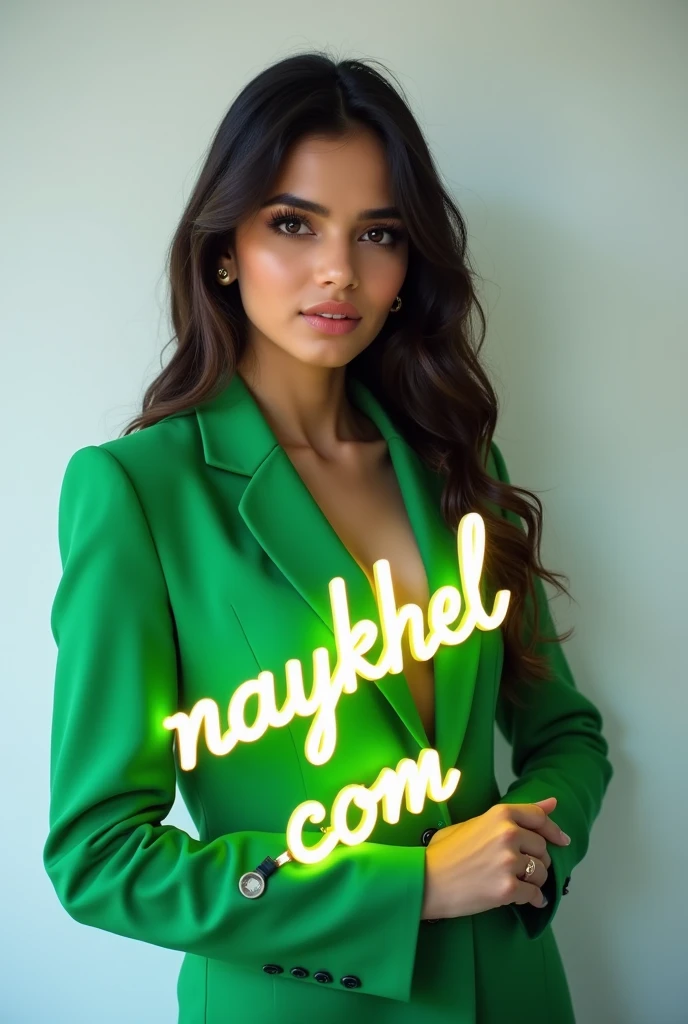 A beatiful indian girl in green suit, holding a name neon sign board with a text "NAYAKHEL.COM" showing to viewer, in white background