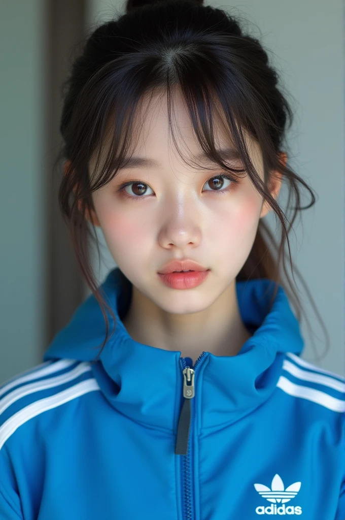 ((best quality)), ((masterpiece)), (detailed), Perfect face, a Korean girl in her twenties, wearing blue Adidas clothes