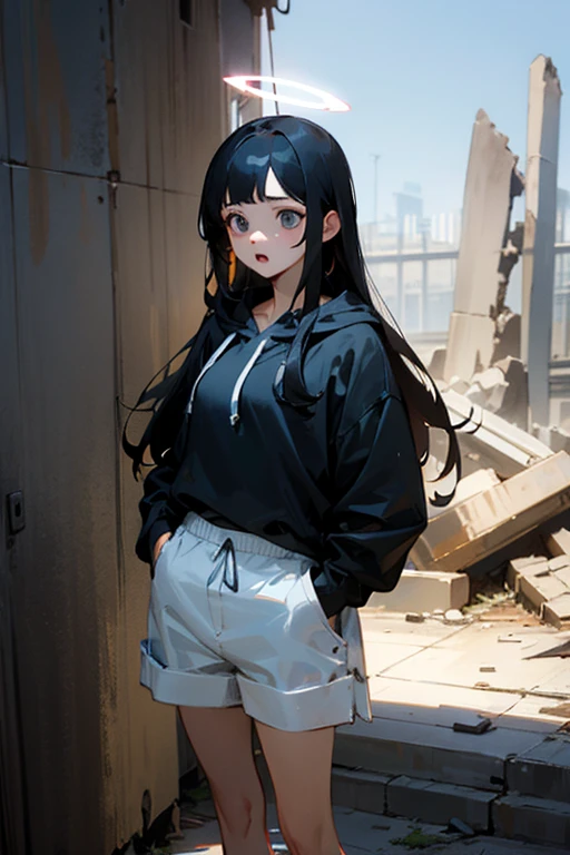 (Photorealism:1.2),black hair,surprised face,long hair,pretty girl,Black hoodie,white shorts,Halo,Adult,Standing still,ruins,face