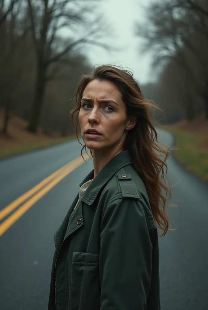 An indecisive woman, anxious about the future,on a road with two distinct lanes, right medicine,left to serve the army