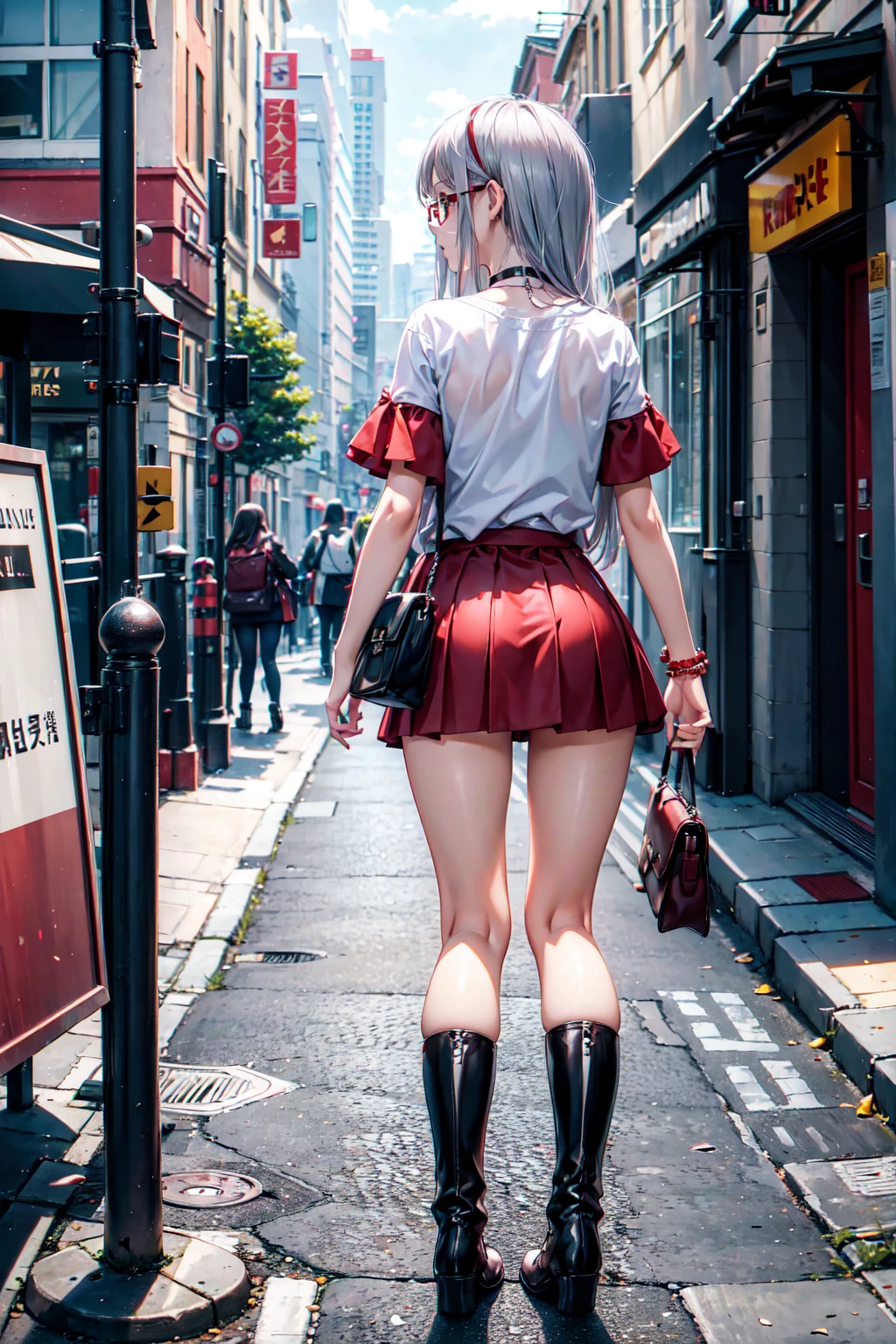 masterpiece, Superior image quality, High resolution, 4k image,Photo and gross, photorealistic, 1 young girl of 1, walking, {Alone},{{{vagina}}}, beautiful face, long silver hair, scarlet red eyes, very detailed eyes, expression of tenderness, Glasses, choker:1.6, short white t-shirt, red schoolgirl miniskirt, brown stockings, black boots, bracelet, bag on the shoulder, sensual lips , show details in the eyes, view from behind, perfect ass, Street, city, at daytime