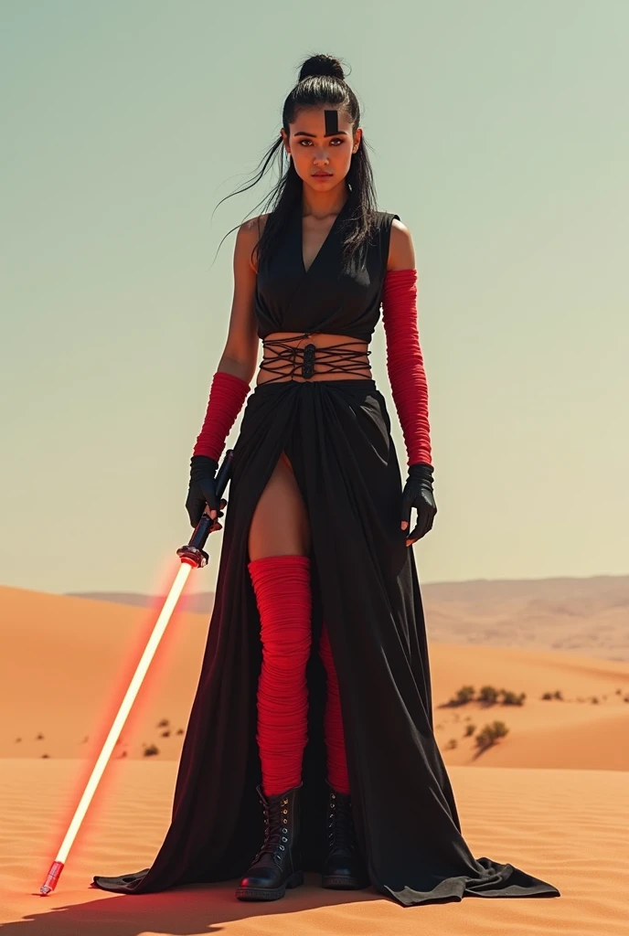 Beautiful, Mexican, female, young woman, long black hair tied into a tight ponytail, bright red eyes, black vertical stripe over one eye, wearing black Jedi robes, arms wrapped in red bandages, wearing black fingerless leather gloves, legs completely wrapped in red bandages, wearing black leather boots, holding a lightsaber in one hand, standing in a desert, viewed from the front