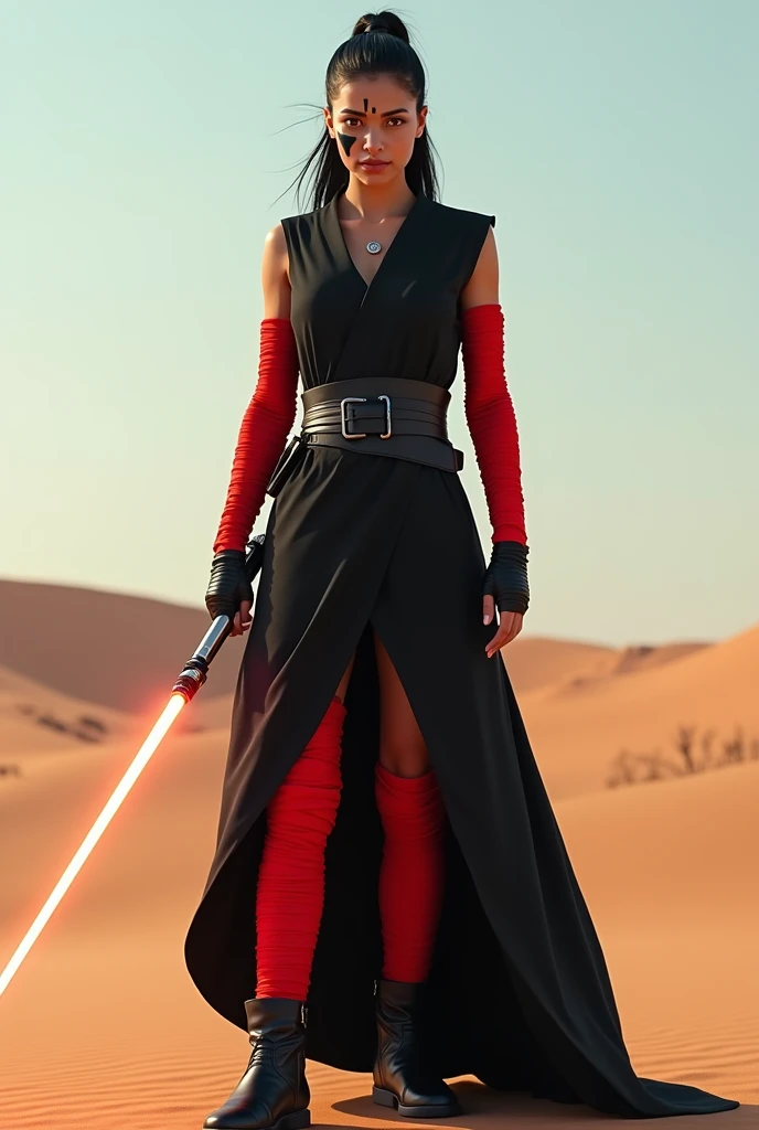 Beautiful, Mexican, female, young woman, long black hair tied into a tight ponytail, bright red eyes, black vertical stripe over one eye, wearing black Jedi robes, arms wrapped in red bandages, wearing black fingerless leather gloves, legs completely wrapped in red bandages, wearing black leather boots, holding a lightsaber in one hand, standing in a desert, viewed from the front