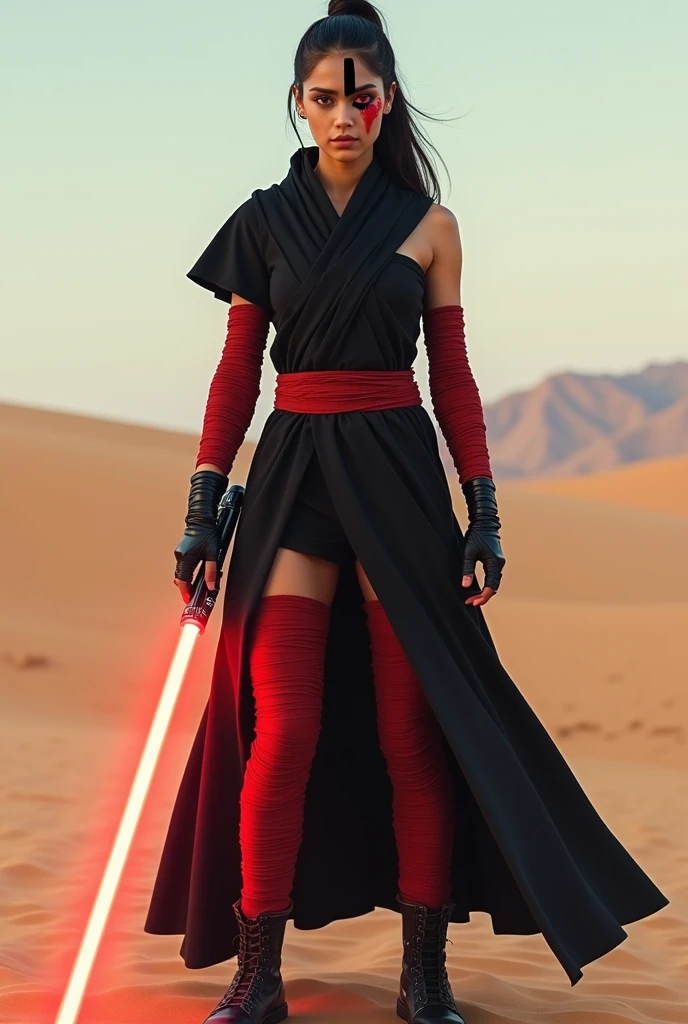 Beautiful, Mexican, female, young woman, long black hair tied into a tight ponytail, bright red eyes, black vertical stripe over one eye, wearing black Jedi robes, arms wrapped in red bandages, wearing black fingerless leather gloves, legs completely wrapped in red bandages, wearing black leather boots, holding a lightsaber in one hand, standing in a desert, viewed from the front