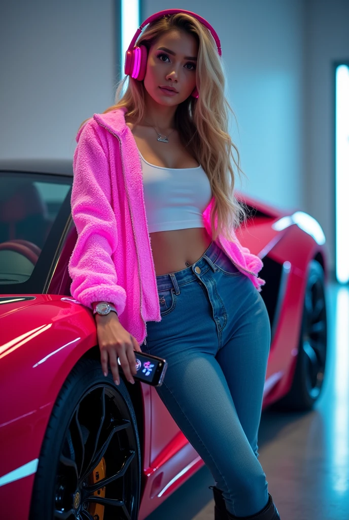 best qualityer, 8k.
Beautiful young woman, blonde hair long, she wears hot pink headphones.
Wears a pink holographic jacket, White tank top, calca jeans, boot.
In your hand a state-of-the-art cell phone.
She is leaning against a Lamborghini car.
Centered image.