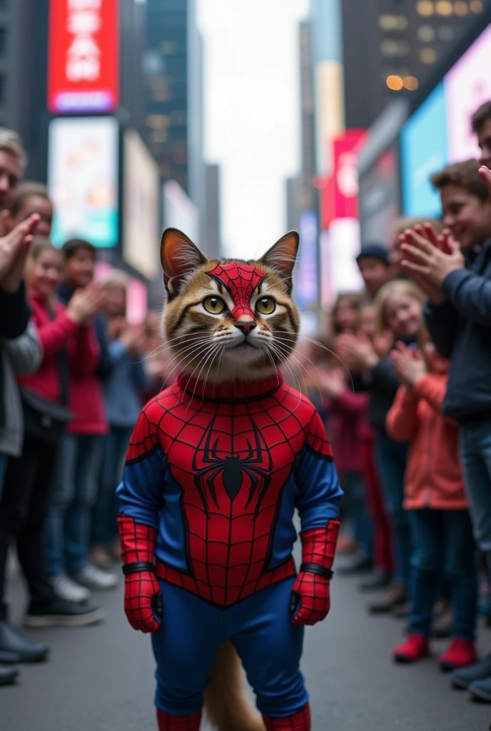 cat wearing spiderman costum people see the cat and clapping for spiderman cat