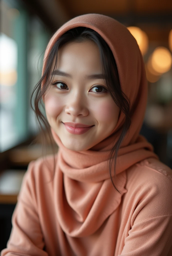 1girl, Solo, High Resolution, Masterpiece, Textured Skin, white skinned, young women, 20 years old, hijab, a beautiful young asian woman, wearing a peach-colored hijab and cardigan, sitting at a table in a restaurant, looking directly at the camera with a warm and friendly smile, [photorealistic portrait, soft lighting], [Annie Leibovitz], [shallow depth of field, soft focus on the woman's face, warm tones, natural light]