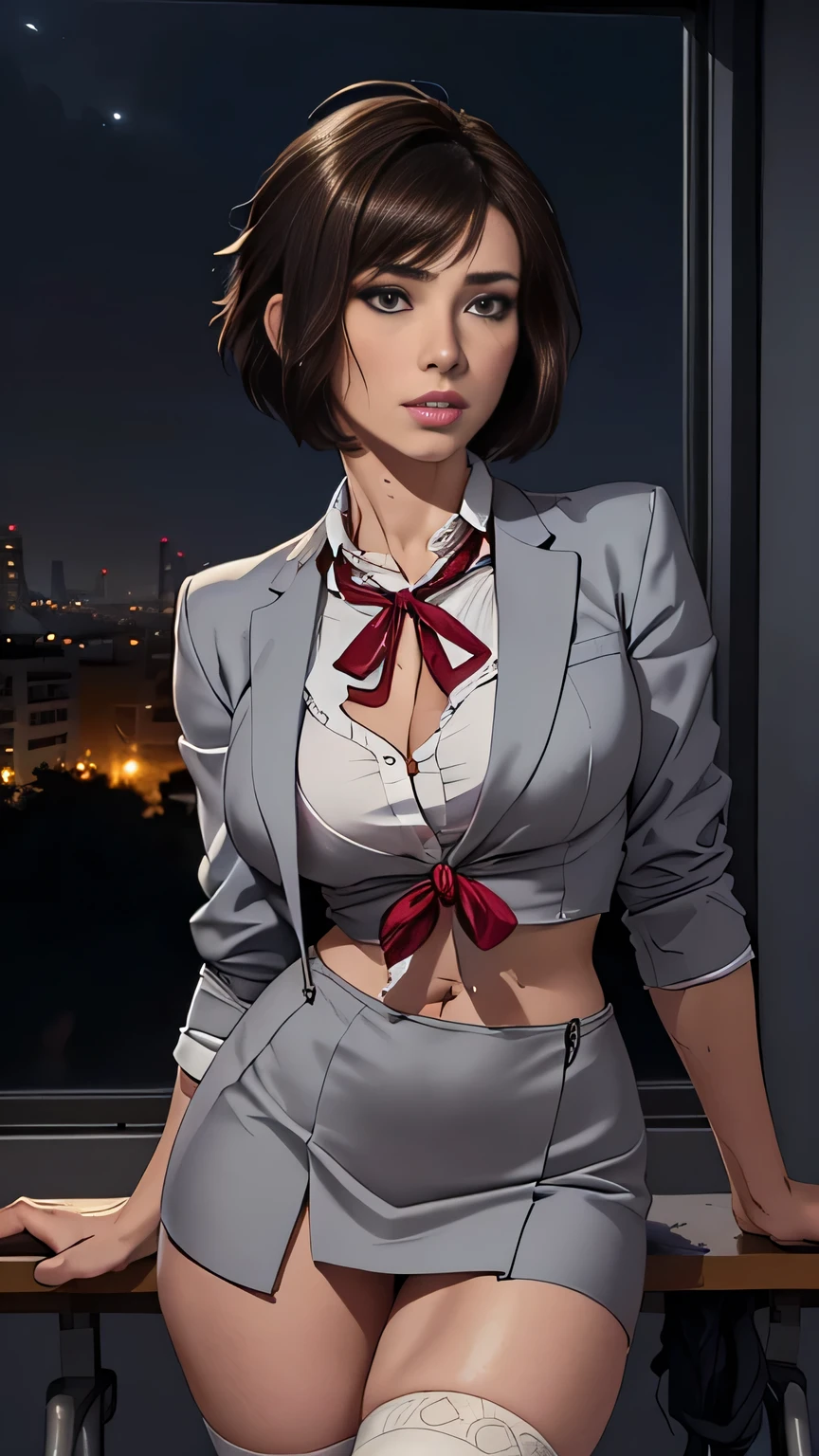 photo of mlp Meowko, RAW, beautiful woman, ((portrait)), ((detailed face:1.2)), ((anime face, anime facial feature, clear skin, glossy anime lips, clear skin), (short messy lesbian haircut, brunette: 1.55), (perfect proportioned body, Strong, muscular, narrow waist, narrow hips, skinny, large breasts), (She wears Businesswoman style clothes, grey blazer, ribbon, socks, high school uniform: 1.2), high school classroom, overlooking the city, (realistic photo, best quality, detailed), (8k wallpaper), (cinematic lighting, beautiful light, (night:1.3)) (sharp focus, intricate)