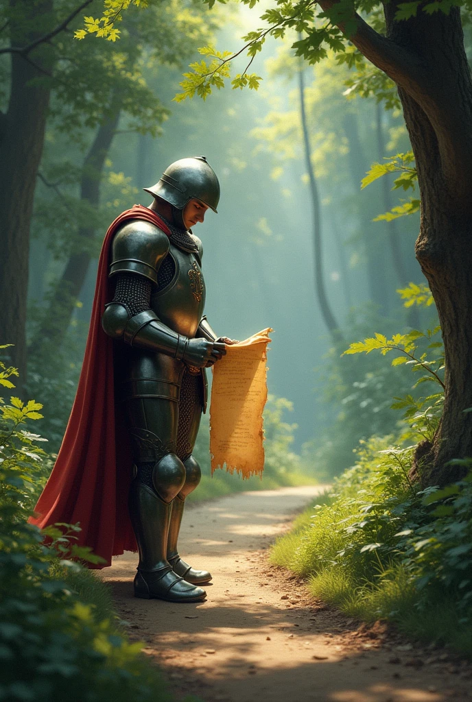 Knight finding loose parchment on forest road 