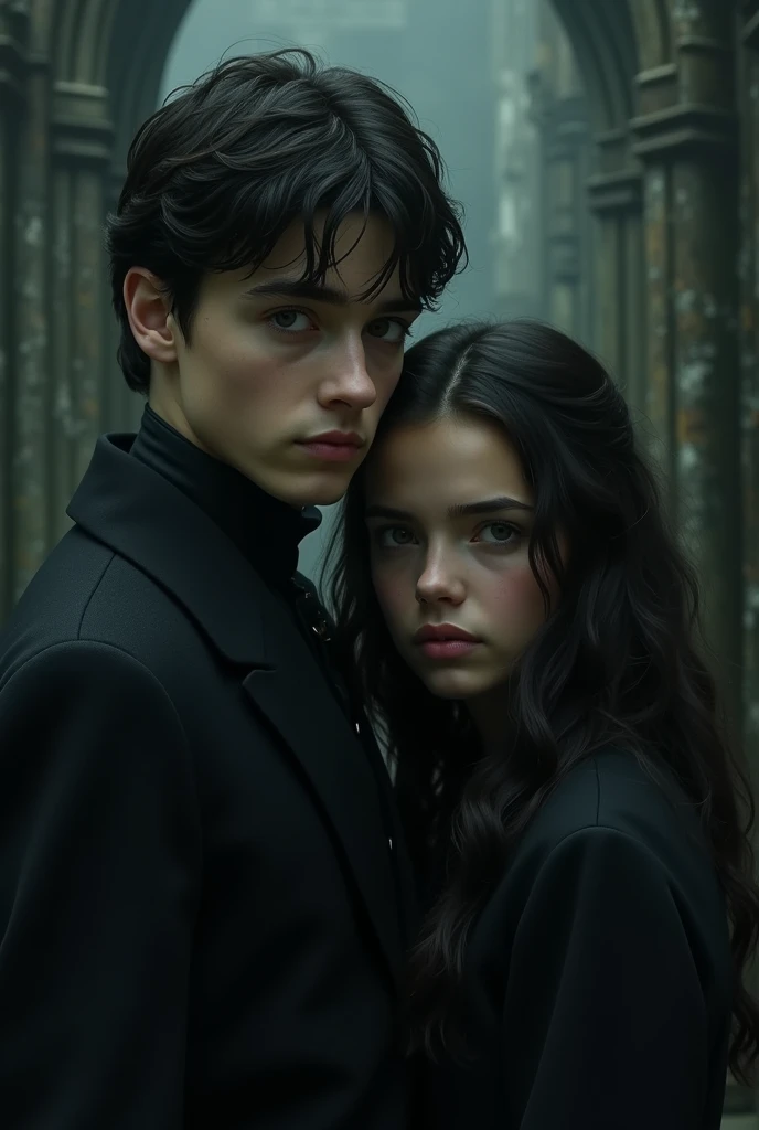 An image of Tom Riddle with a girl with Latin features, wavy hair and a penetrating look 
