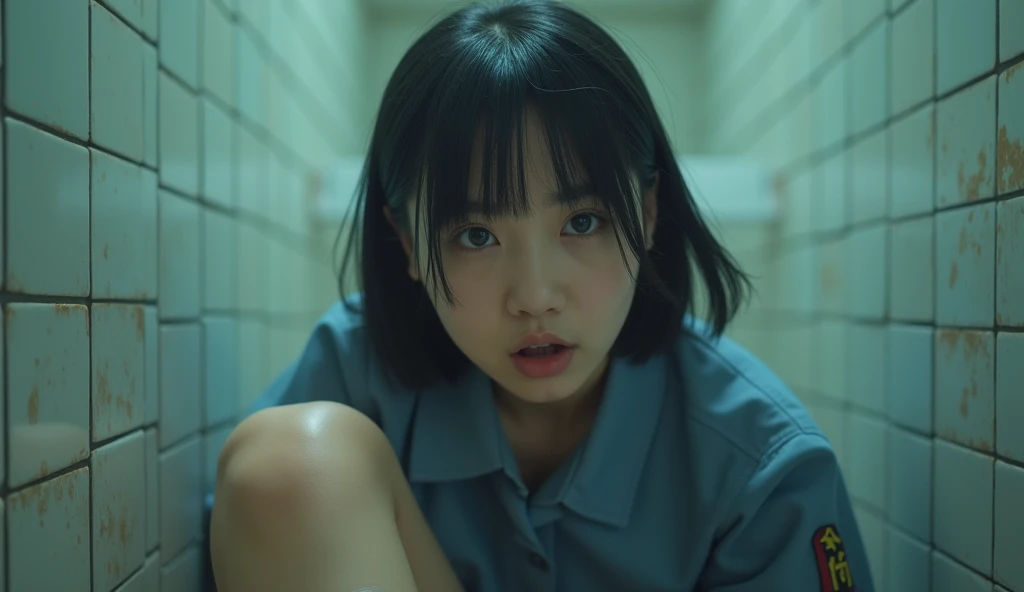 Imagine a Korean woman with jet black straight hair., Wear a uniform. She&#39;s in the bathroom, There is a tile in the background. She was surprised、I'm a little scared., Lift one leg、Wearing a small bandage. The environment is a bit messy、She looks like she just fell. If you need anything else, Let me know!