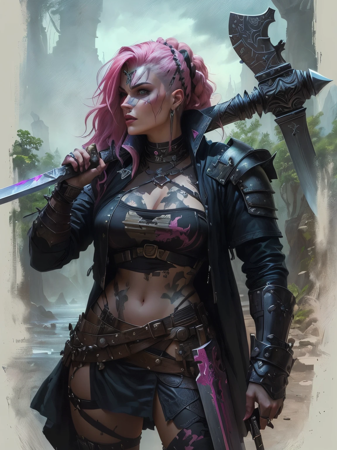 a painting of a woman with a pink hair holding a huge sword, skin gray, goliath woman, diesel punk female, fantasy ttrpg villain, a very beautiful berserker woman, in a fantasy end medieval wood