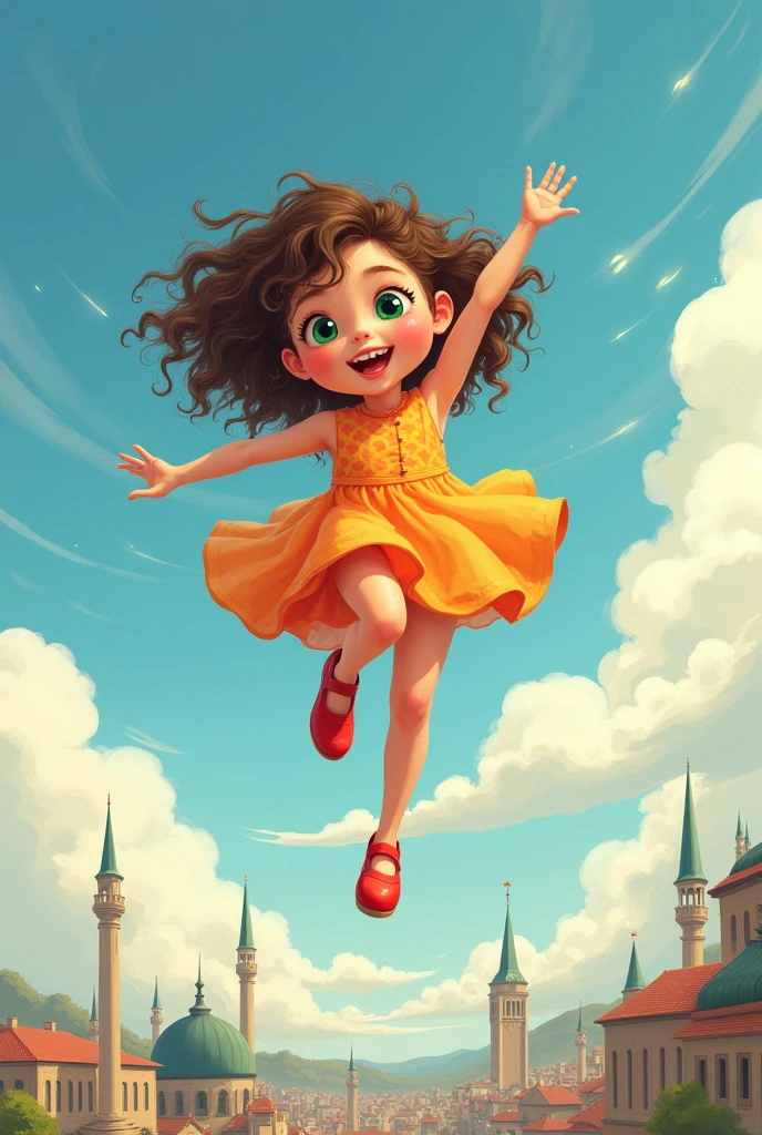 drawing style for book . girl, Curly Brunette Hair, greeneyes, wearing colorful dress and red shoes. She is close to the clouds, flying happily over a city. negative prompt: no bad hands, no bad yes, perfect body