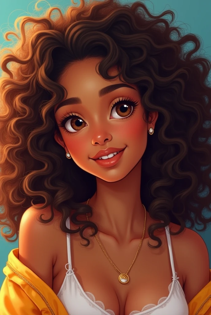 ager woman with long curly brown afro hair, brown eyes short and fat