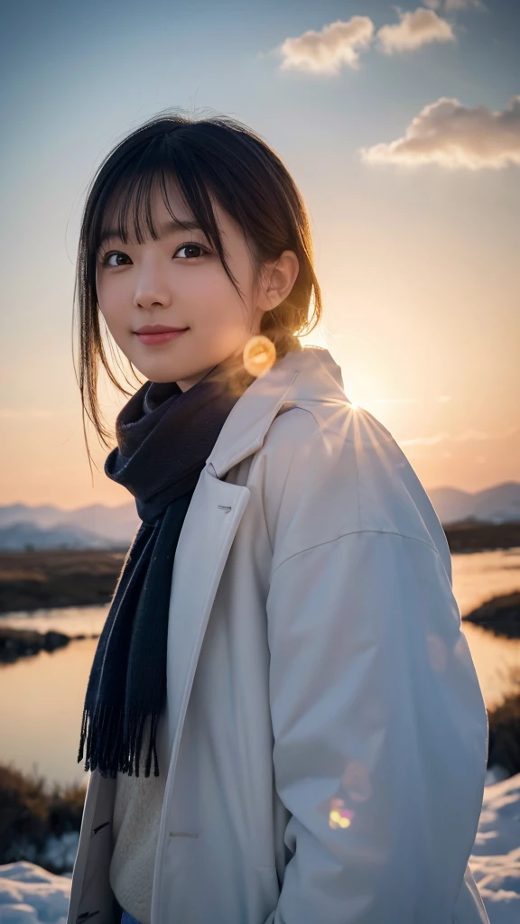 (Highest quality,masterpiece:1.3,Ultra-high resolution),(Very detailed,Caustics,8k),(Realistic:1.4,RAW shooting),(sunset),(Backlight),(sunset sky),(evening),(Snowfield),Grove,1,cute,Japanese,Black hair medium hair,(Look up a little),(Please open your mouth a little:1.1),smile,scarf,down coat,Side Shot,landscape,Waist up shot,Low position,Low Angle,Natural light,Lens flare