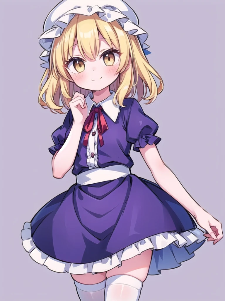 1girl, masterpiece, best quality, perfect hands, smile, blush, closed mouth, yellow eyes, maribel hearn, purple dress, puffy short sleeves, white hat, white ribbon, middle hair, blonde hair, red neck ribbon, curly hair, white thighhighs, zettai ryouiki, frills, collared shirt, miniskirt