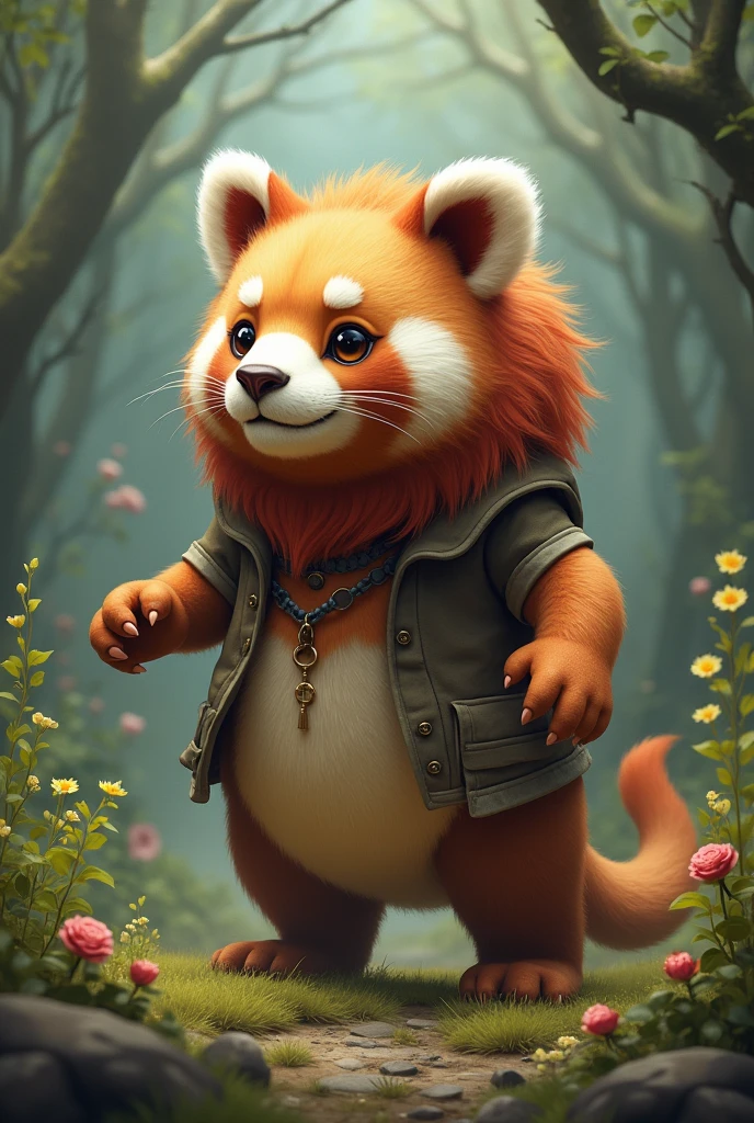 Create an imaginary friend with a panda head, red panda ears, lion&#39;s body, cat tail bear arms and legs and duck legs
