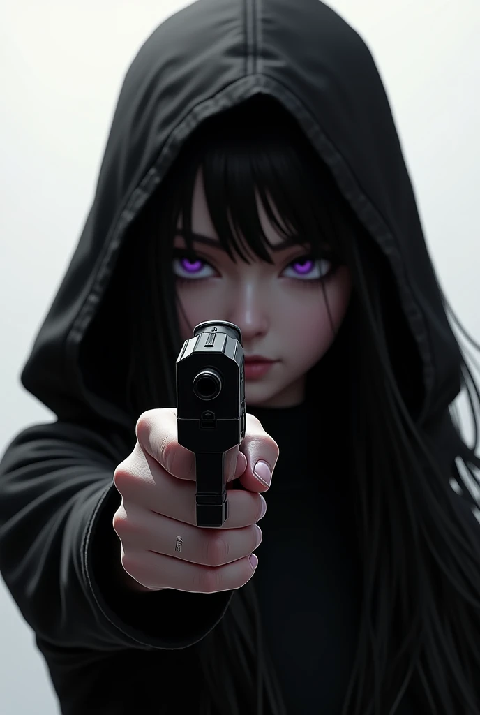 gun black white long hair hood, solo, Gaze, Purple eyes, One girl,