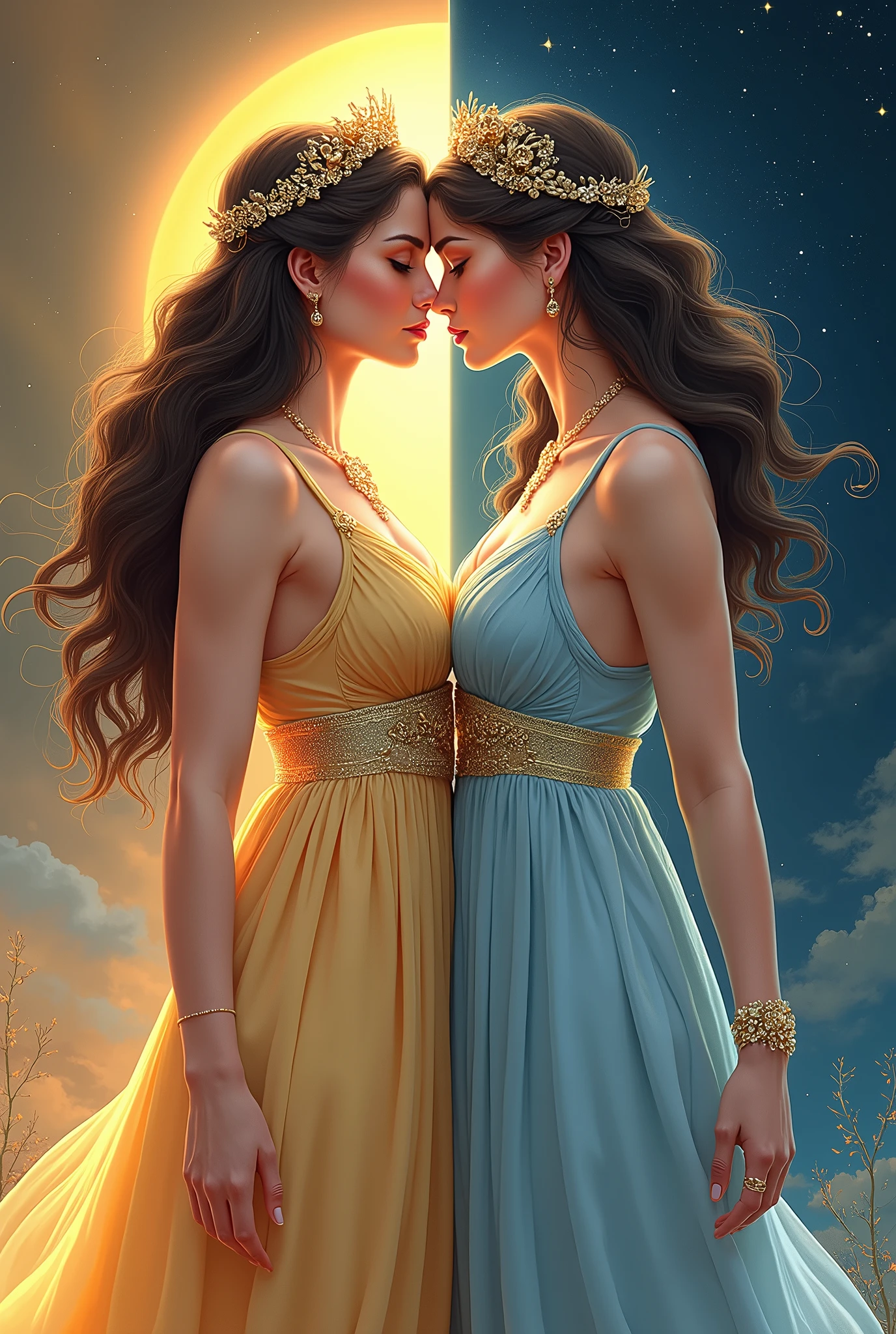 Flat vector of 2 sexy busty godsesses. They are looking at each other with yearning desire. Pressing their breasts against each other. One is goddess of the day and is on the left side of the image. The other is goddess of the night and is on the right side of the image. They are both wearing elegant dress that represent their domains. the image is split in the middle. highly detailed