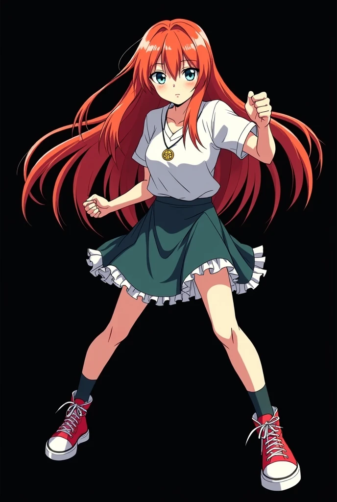 A full body image of an elderly girl, personagem do anime "JUJUTSU KAİSEN", she is very beautiful, with long, straight, fire-colored hair with two white streaks highlighted in the front, framing your face. She has blue-green eyes and pale skin.. she is a Wiccan, she is in fighting pose. she wears a pentagram necklace, skirts,  beautiful women&#39;s high-top shoes and ¾-long socks. She is drawn with Gege Akutami&#39;s lines and animation style., criador de JUJUTSU KAİSEN. black backdrop.