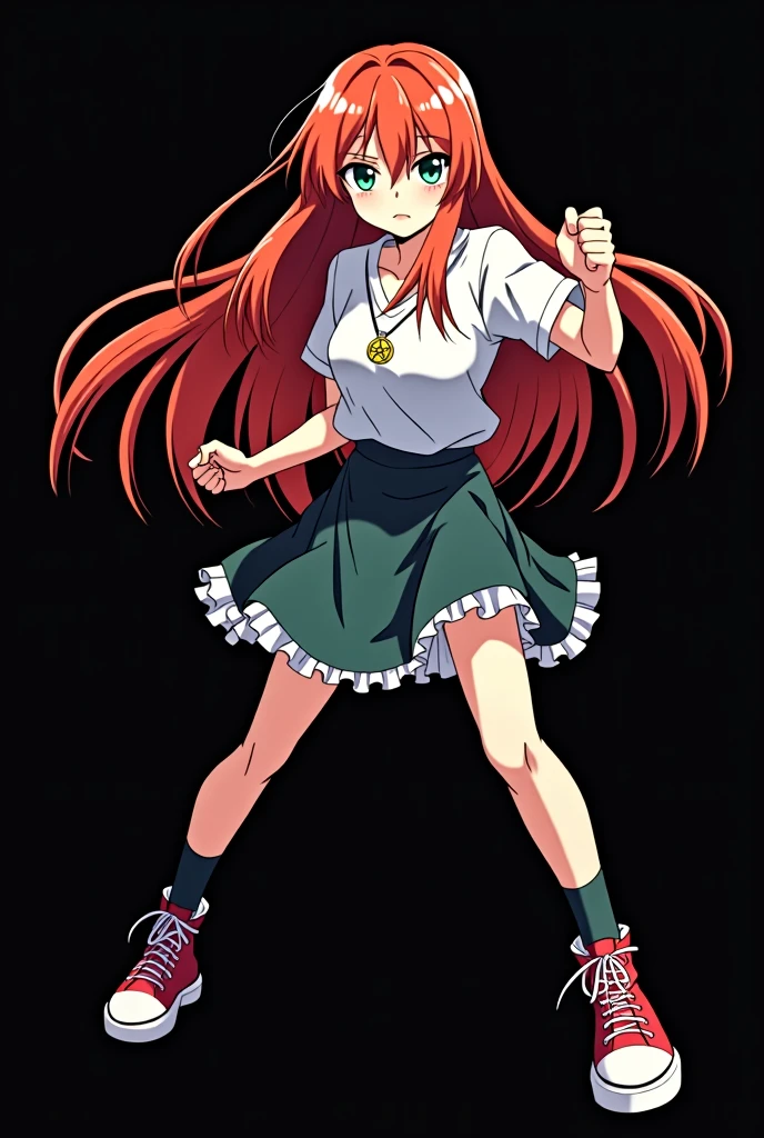 A full body image of an elderly girl, personagem do anime "JUJUTSU KAİSEN", she is very beautiful, with long, straight, fire-colored hair with two white streaks highlighted in the front, framing your face. She has blue-green eyes and pale skin.. she is a Wiccan, she is in fighting pose. she wears a pentagram necklace, skirts,  beautiful women&#39;s high-top shoes and ¾-long socks. She is drawn with Gege Akutami&#39;s lines and animation style., criador de JUJUTSU KAİSEN. black backdrop.