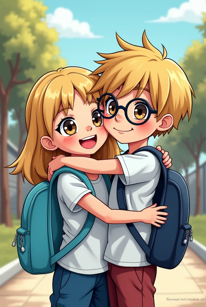 Comic style image of a white girl without glasses with shoulder-length blond hair with light brown almond-shaped eyes and long eyelashes and a sky blue backpack hugging a blond boy with very short black hair and slanted eyes with long eyelashes and a small nose with very round glasses with a navy blue backpack at school 