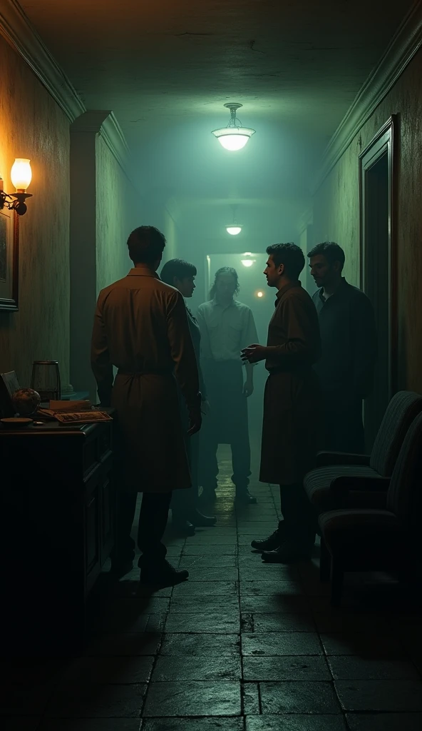 people in haunted hotel, talking with staff, darkness, real