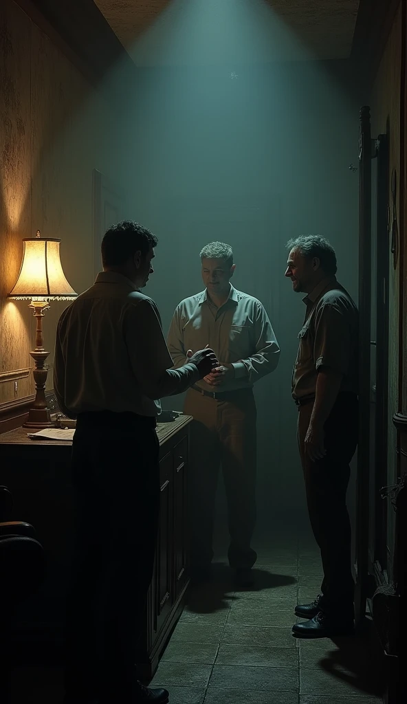 people in haunted hotel, talking with staff, darkness, real