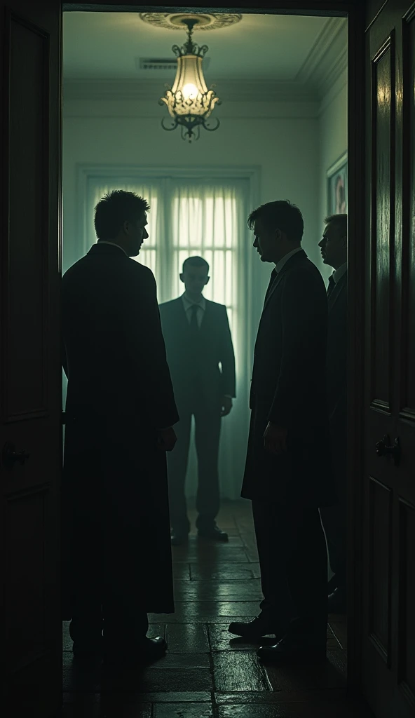people in haunted hotel, talking with staff, darkness, real