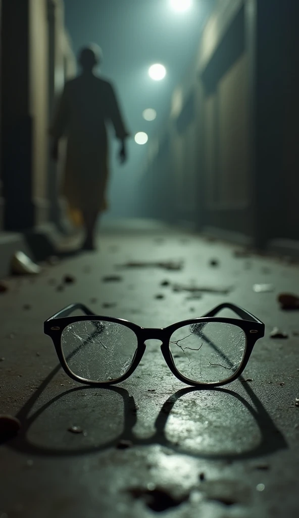 A symbolic image of Gandhi’s broken glasses lying on the ground, with a blurred figure of Godse walking away in the background, capturing the moment after the assassination. Historical images looks