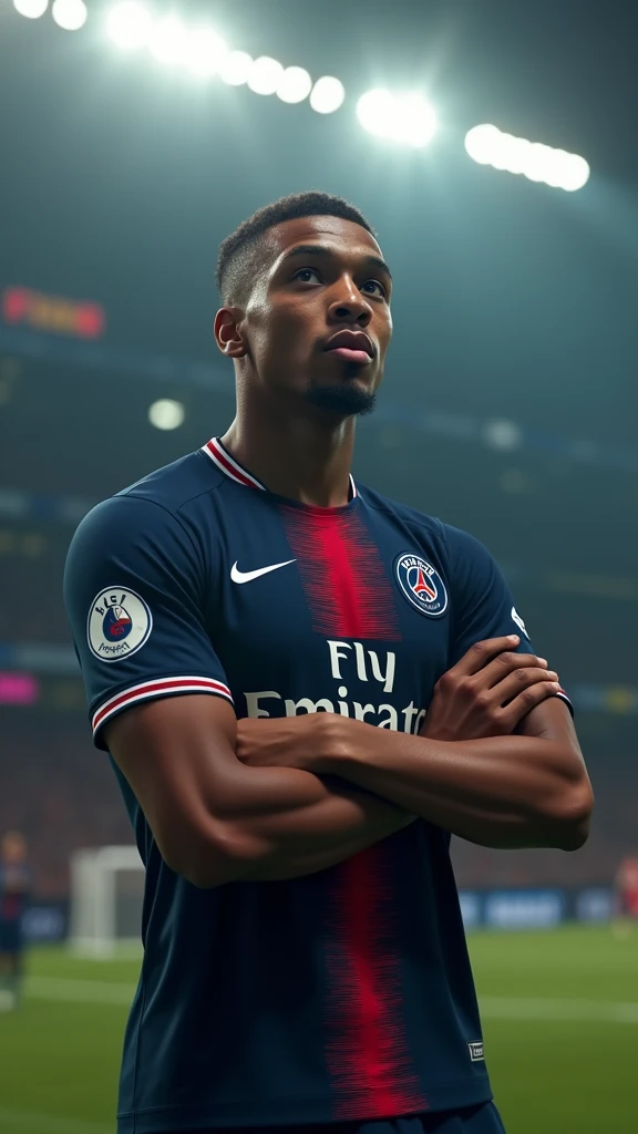 photorealistic, 8k, hyperrealistic, a Kylian Mbappe wear PSG jersey, number 10, celebrating his goal, in stadium, arm crossed pose, highly detailed face, cool expression, full body in frame, dramatic lighting, cinematic composition, chiaroscuro, dramatic shadows, photographic realism
