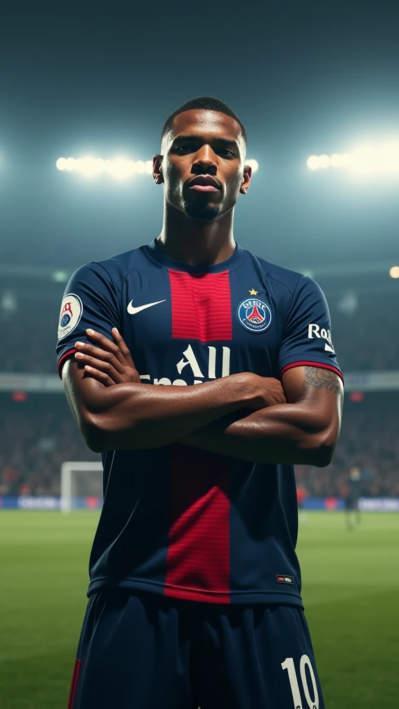 photorealistic, 8k, hyperrealistic, a Kylian Mbappe wear PSG jersey, number 10, celebrating his goal, in stadium, arm crossed pose, highly detailed face, cool expression, full body in frame, dramatic lighting, cinematic composition, chiaroscuro, dramatic shadows, photographic realism