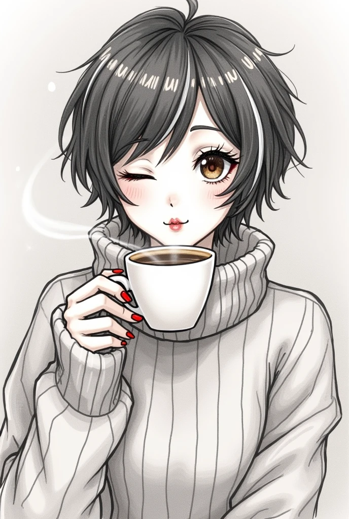 a pencil sketch of a woman, short pixie dark hair with bangs, & white highlights, she's winking, other eye brown, long lush lashes, she's got a coffee mug in one hand with steam rising from it, she's blowing on her hot coffee with ultra-bright red lips, wearing a big turtle-necked sweater, ultra-bright red fingernails, other hand up by her face, grey muted bg