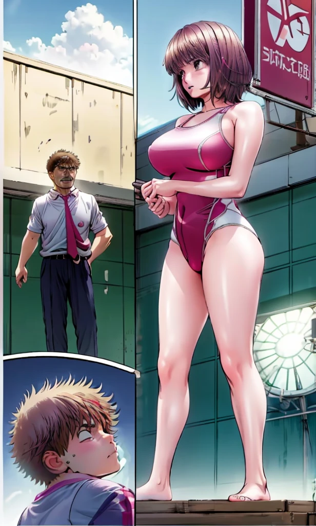 A beautiful girl with short hair, boyish looks, big breasts and beautiful legs is standing by the pool with her legs spread apart and blushing in a bright pink high-cut swimsuit with the arena logo and lettering.。A middle-aged man is standing, pointing his camera lens at a beautiful woman.。