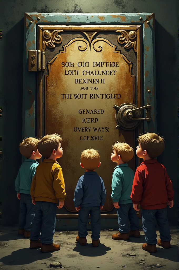 The Old Safe
**Visual**:
- A dusty, ancient safe embedded in the basement wall.
- Close-up of the safe’s ornate design and the riddle etched into it.
- The kids trying various combinations, looking puzzled and focused.
- The safe eventually opening with a grinding sound.