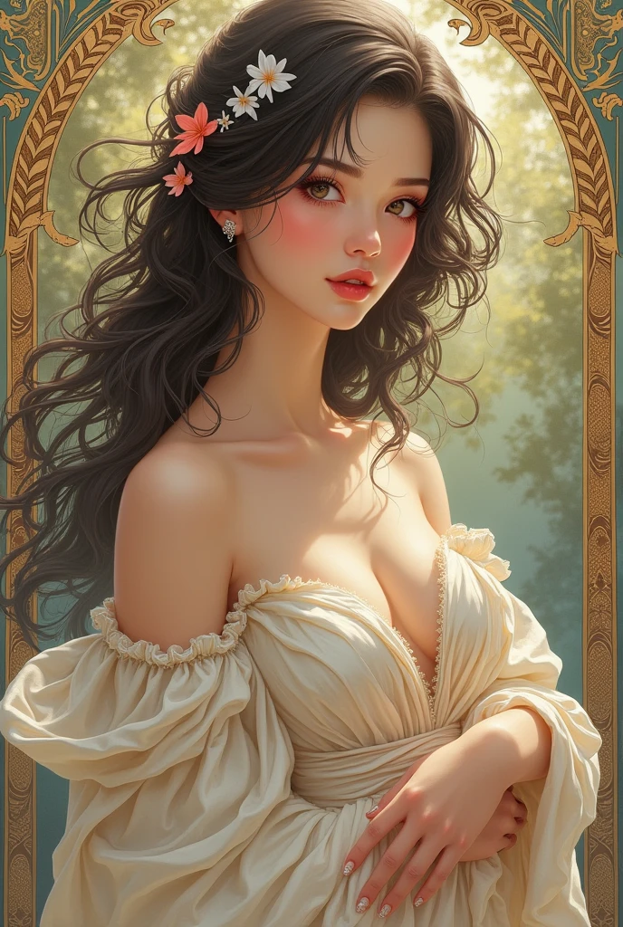 Ultra detailed anime art style (upper body illustration of a gorgeous Goddess wearing soft colored robes), very detailed face, rosy lips and cheeks, (art nouveau merged with anime), billowing, metallic accents, fantasy, traditional art, bloom, lush, innocent, whimsical, art deco, best resolution, best quality, insane amount of details,