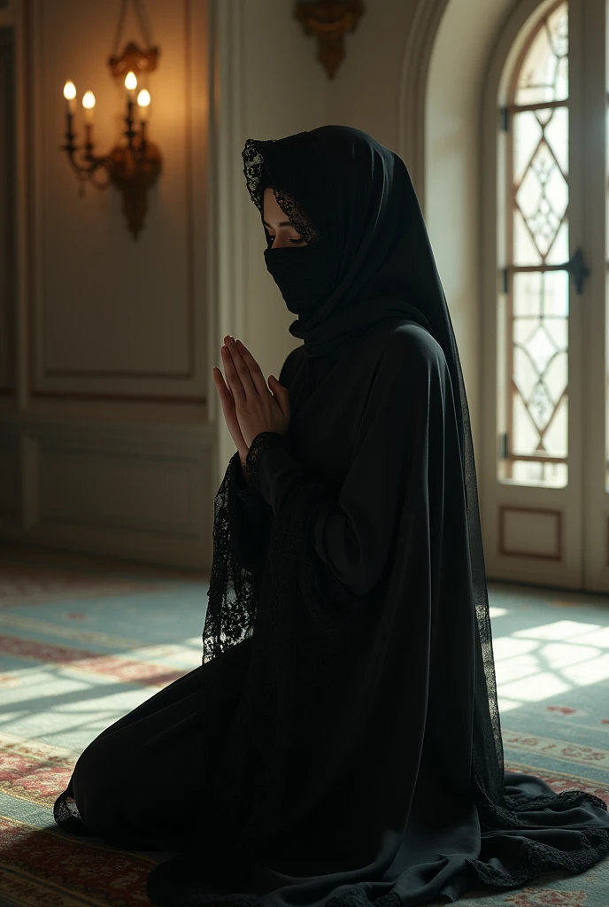 Young Eva Green in niqab, wearing a gothic lace black abaya, skullcap underneath, cotton mask on her face, very beautiful, fair, praying in a mosque on her knees