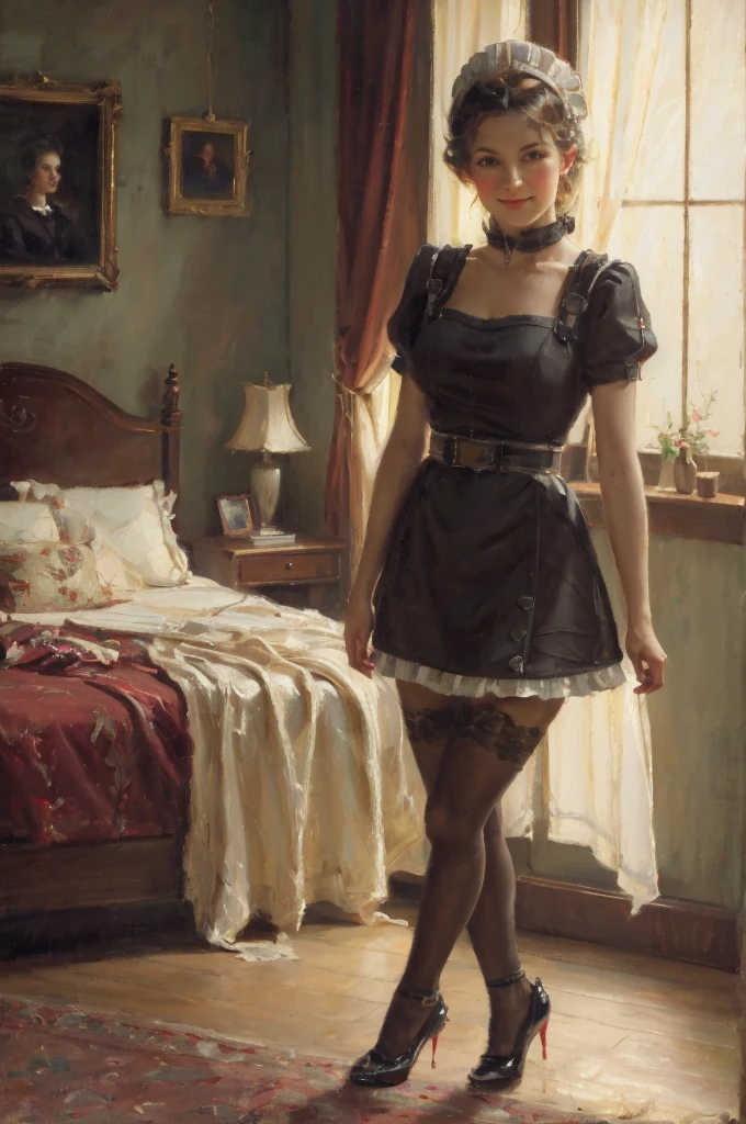 A young girl in realistic oil painting portrait of high quality and detail, classicism, waist, 19 century style, Ellen Joe (Zenless Zone Zero), a young girl with short black hair with red tips at the ends. She also has red eyes and makeup. She is wearing a short maid costume, nylon tights, black underpants, high-heeled shoes. She also has a shark's tail on back, big breast, light and peaceful atmosphere, glow, eye shadow, 1girl, fantasy, Depth & Perspective, smiling on her face, Mystical powers, fine face, She stands in the middle of the bedroom, indoors, sunlight from windows, day time, looking at viewer, (ultra-high detail:1.2), Masterpiece, Best Quality, Ultra-detailed, Cinematic lighting, 8K, delicate features, cinematic, 35 mm lens, f/1.9, highlight lighting, global lighting –uplight –v 4, cinematic, Cinematic lighting, 8K, high quality, Highest Quality, (Solo Focus), (extremly intricate:1.3), (Realistic), masterful, Analog style, (Film grain:1.5), (warm hue, cold tone), 