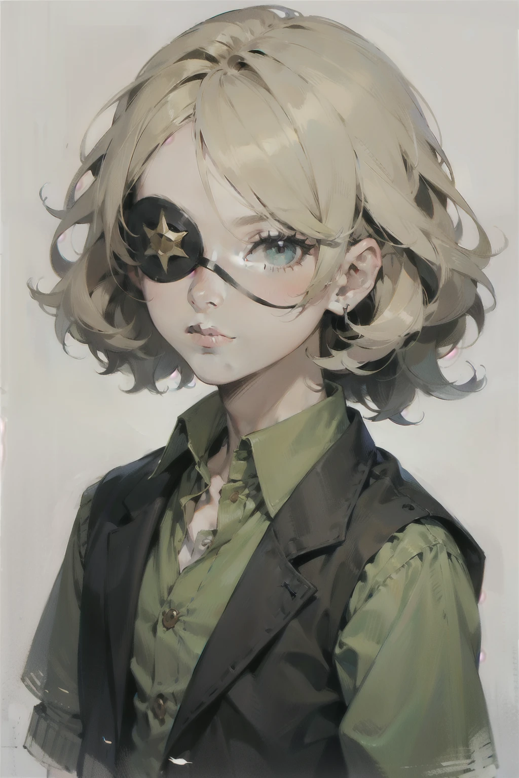Child, Boy, shoulder-length curly hair, blonde, Pirate Eye Patch, green shirt, Brown Vest, Shoulder-length portrait