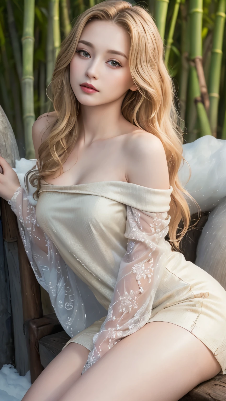 look at viewer, sitting on bed, graceful, (very huge breasts), elf ears, elf woman, naked, green bright eyes, 1girl, white skin, diamond face shape, portrait of an elf, Stunning character art, Epic and beautiful character art, blond-haired princess, medieval princess, fantasy art style, cinematic lighting, masterpiece, accurate, anatomically correct, textured skin, super detail, high details, highres, 8k, house, wood house, bed, bedroom