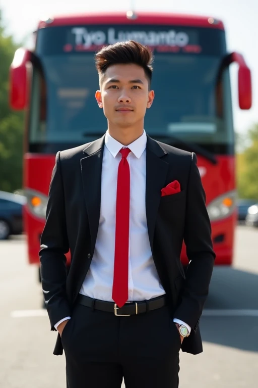 a handsome 2 man from Indonesia, short spiked hair, wearing a white shirt, red tie and covered with a black jacket, with the words "Tyo Lumanto" on the left side of his chest, standing in the parking lot, and there is a big red bus nice and cool behind it facing forward, smile expression, realistic, super HD, detailed.